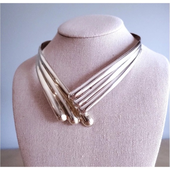 Taxco Mexico Sterling Silver Torc Necklace V Shaped Choker Collar 15-inch 76g - Picture 6 of 15